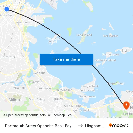 Dartmouth Street Opposite Back Bay Station to Hingham, MA map