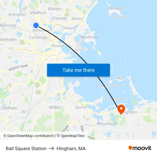 Ball Square Station to Hingham, MA map