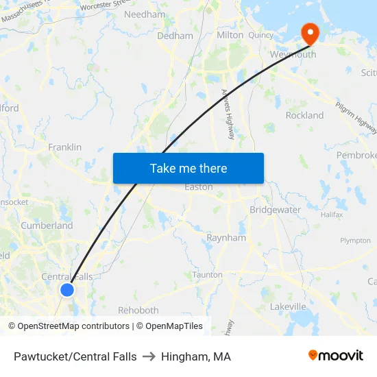 Pawtucket/Central Falls to Hingham, MA map