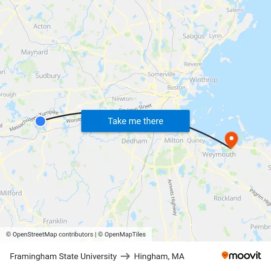 Framingham State University to Hingham, MA map
