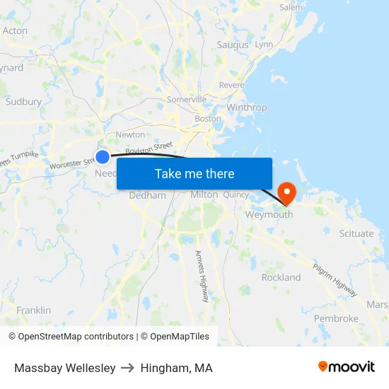 Massbay Wellesley to Hingham, MA map