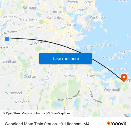 Woodland Mbta Train Station to Hingham, MA map