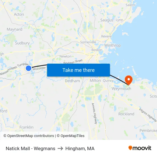 Natick Mall - Wegmans to Hingham, MA map