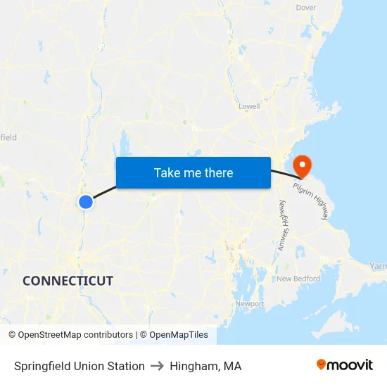 Springfield Union Station to Hingham, MA map