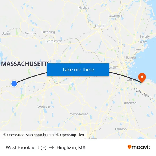 West Brookfield (E) to Hingham, MA map