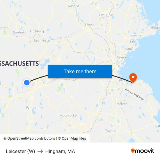 Leicester (W) to Hingham, MA map