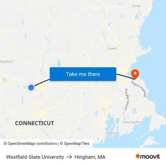Westfield State University to Hingham, MA map