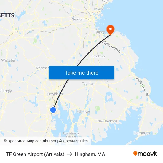 TF Green Airport (Arrivals) to Hingham, MA map