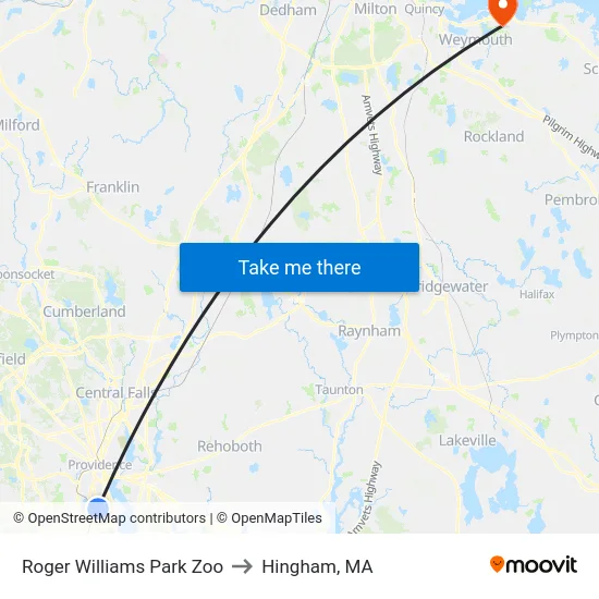 Roger Williams Park Zoo to Hingham, MA map