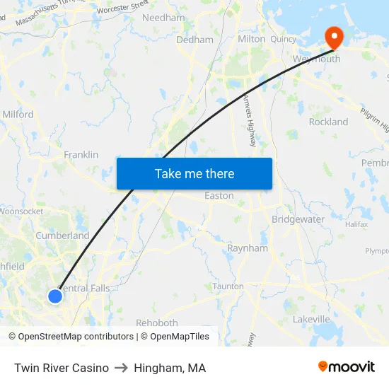 Twin River Casino to Hingham, MA map