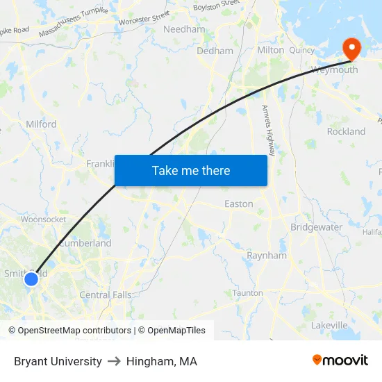 Bryant University to Hingham, MA map
