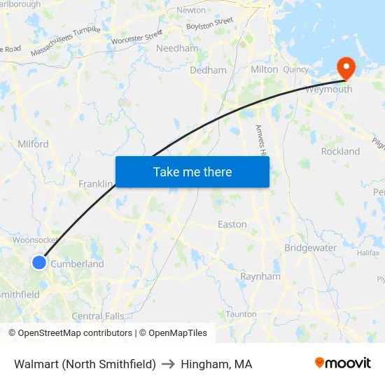 Walmart (North Smithfield) to Hingham, MA map