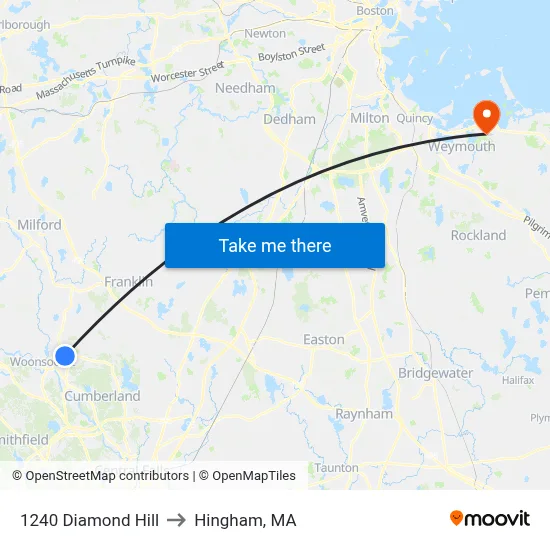 1240 Diamond Hill to Hingham, MA map