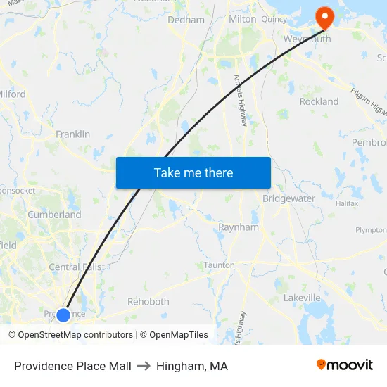 Providence Place Mall to Hingham, MA map