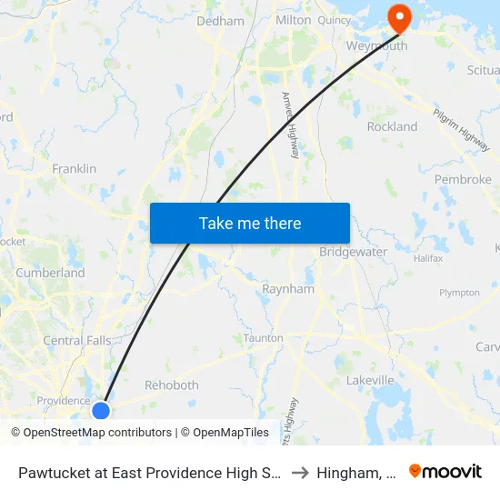 Pawtucket at East Providence High School to Hingham, MA map