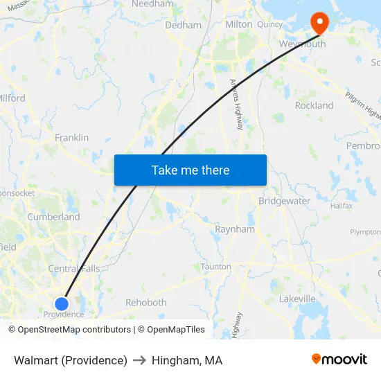 Walmart (Providence) to Hingham, MA map