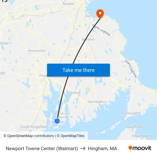 Newport Towne Center (Walmart) to Hingham, MA map