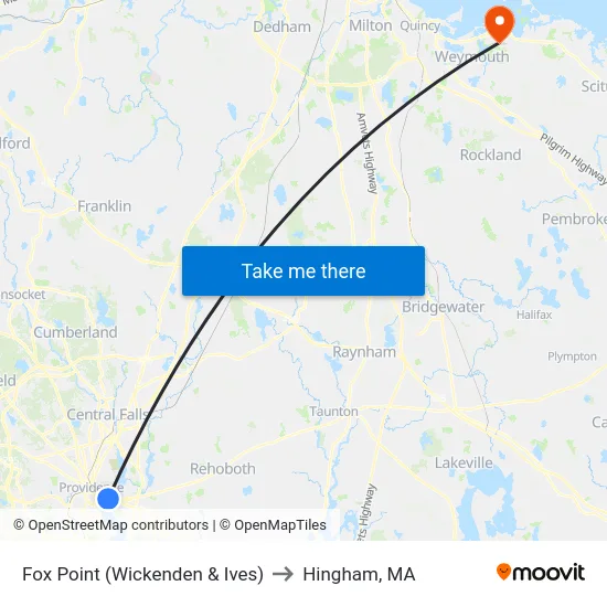 Fox Point (Wickenden & Ives) to Hingham, MA map
