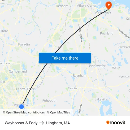 Weybosset & Eddy to Hingham, MA map