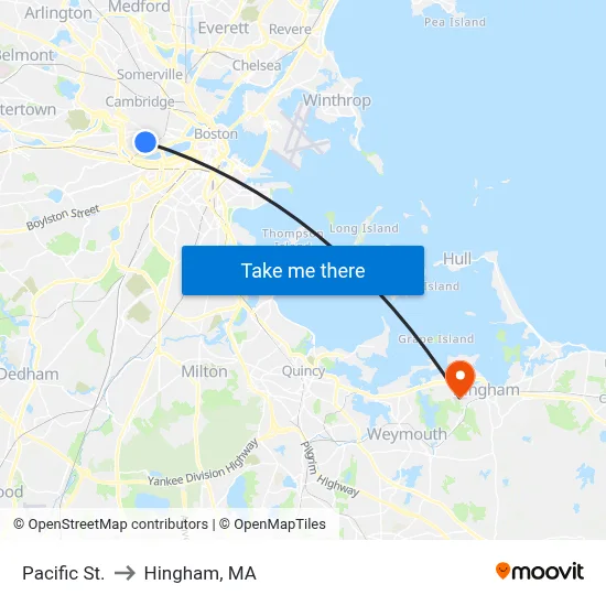 Pacific St. to Hingham, MA map