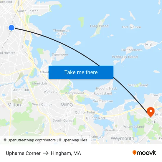 Uphams Corner to Hingham, MA map