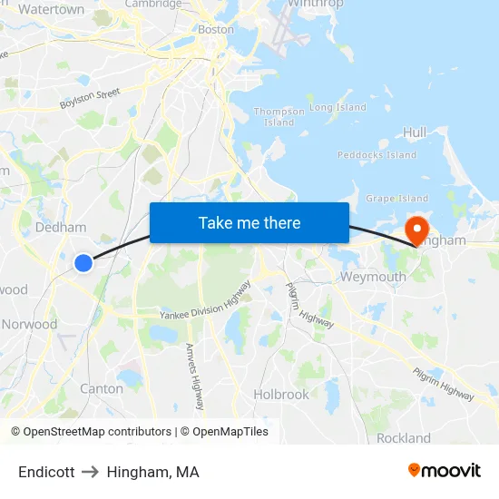 Endicott to Hingham, MA map