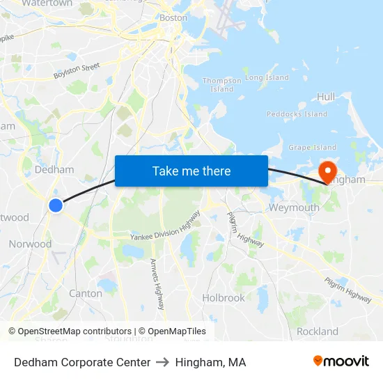 Dedham Corporate Center to Hingham, MA map