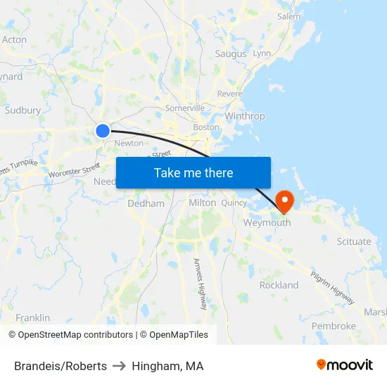 Brandeis/Roberts to Hingham, MA map