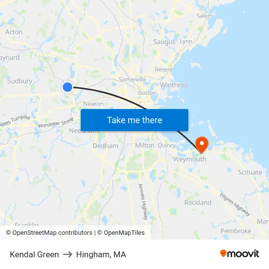 Kendal Green to Hingham, MA map