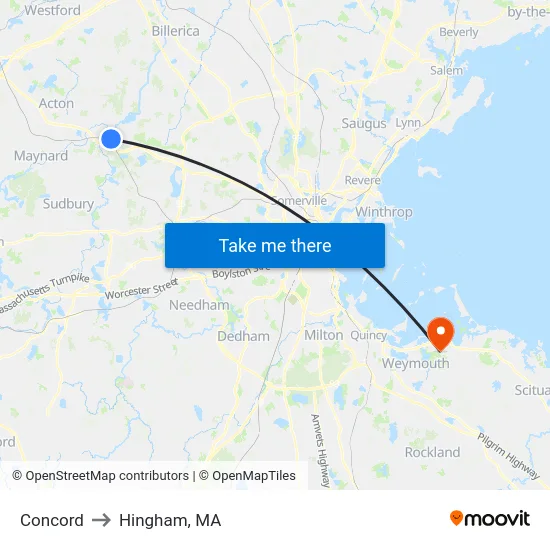 Concord to Hingham, MA map