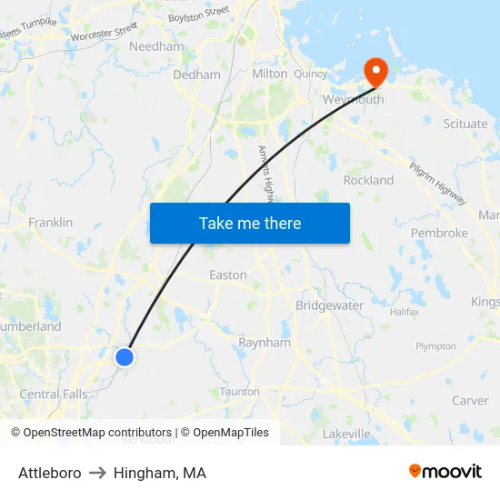 Attleboro to Hingham, MA map