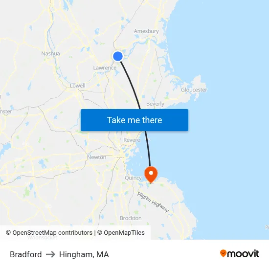 Bradford to Hingham, MA map