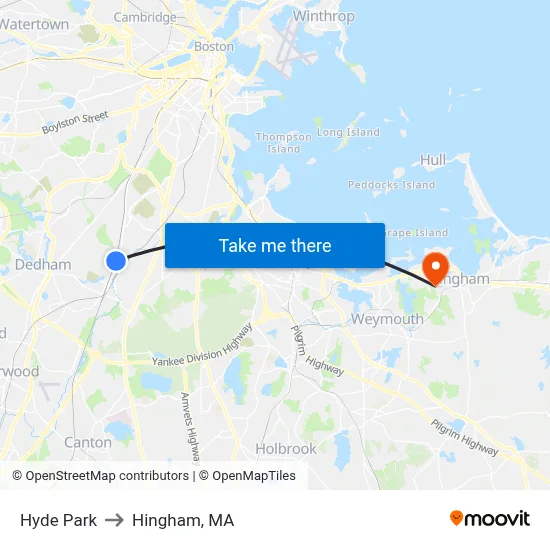 Hyde Park to Hingham, MA map