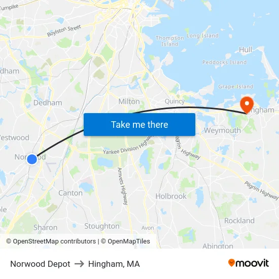 Norwood Depot to Hingham, MA map