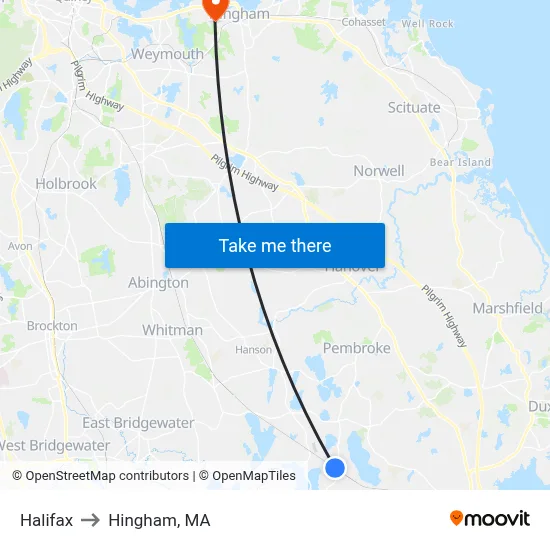 Halifax to Hingham, MA map