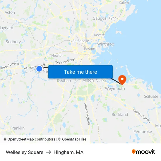 Wellesley Square to Hingham, MA map