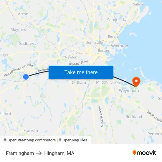 Framingham to Hingham, MA map