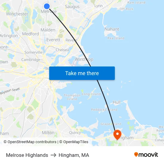 Melrose Highlands to Hingham, MA map
