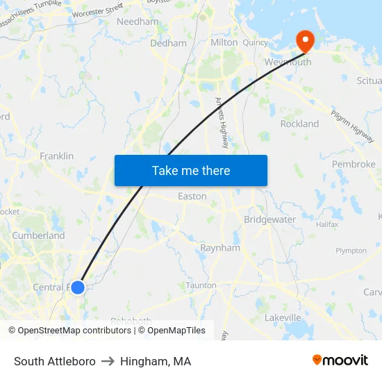 South Attleboro to Hingham, MA map