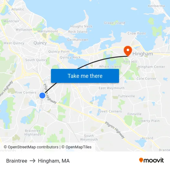 Braintree to Hingham, MA map
