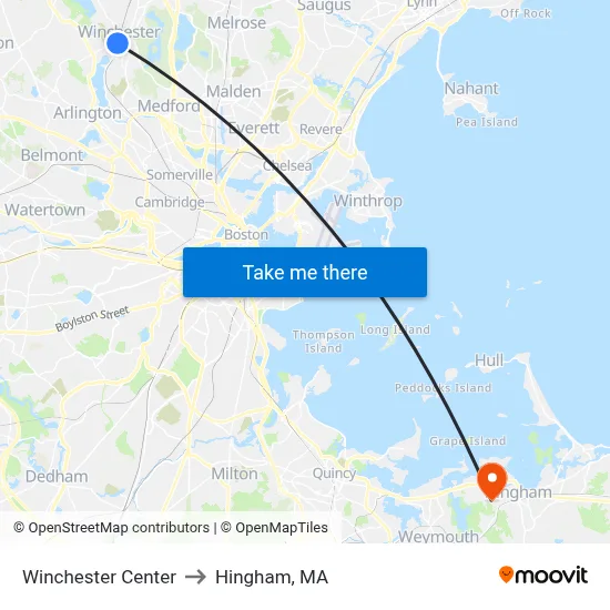 Winchester Center to Hingham, MA map