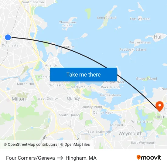 Four Corners/Geneva to Hingham, MA map