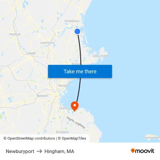 Newburyport to Hingham, MA map