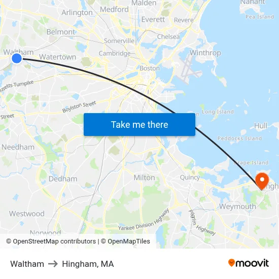 Waltham to Hingham, MA map
