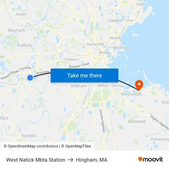 West Natick Mbta Station to Hingham, MA map