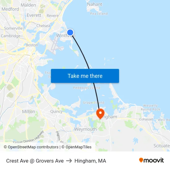 Crest Ave @ Grovers Ave to Hingham, MA map
