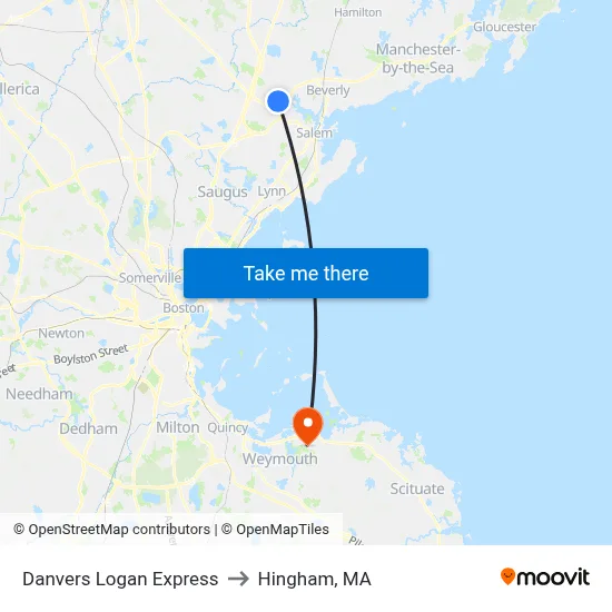 Danvers Logan Express to Hingham, MA map