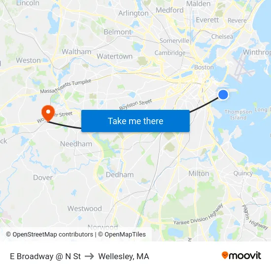 E Broadway @ N St to Wellesley, MA map