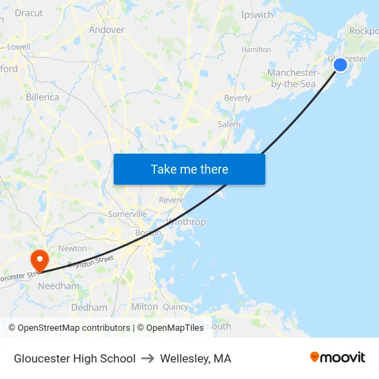 Gloucester High School to Wellesley, MA map