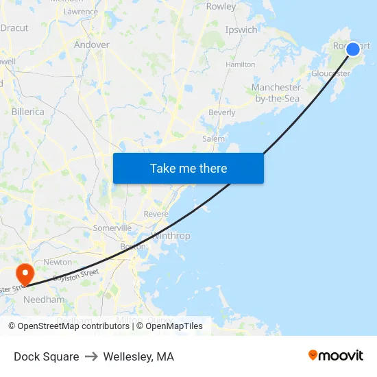 Dock Square to Wellesley, MA map